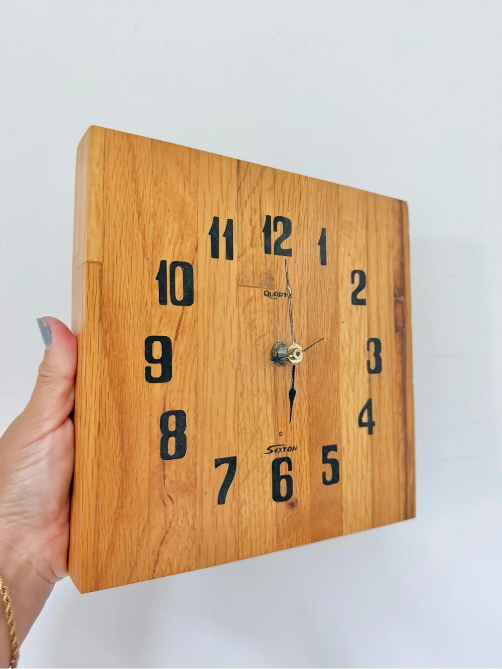 Vintage Sexton MCM Style Wood Grain Square Wall Clock Natural Brown NEEDS FIXED